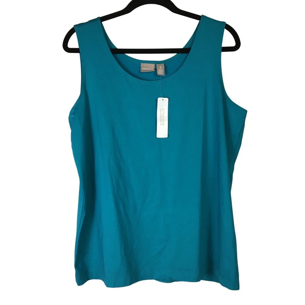 Chicos Microfeel Timeless Tank Basic Knit Peacock Blue Sleeveless Top Size 3 - Picture 1 of 6